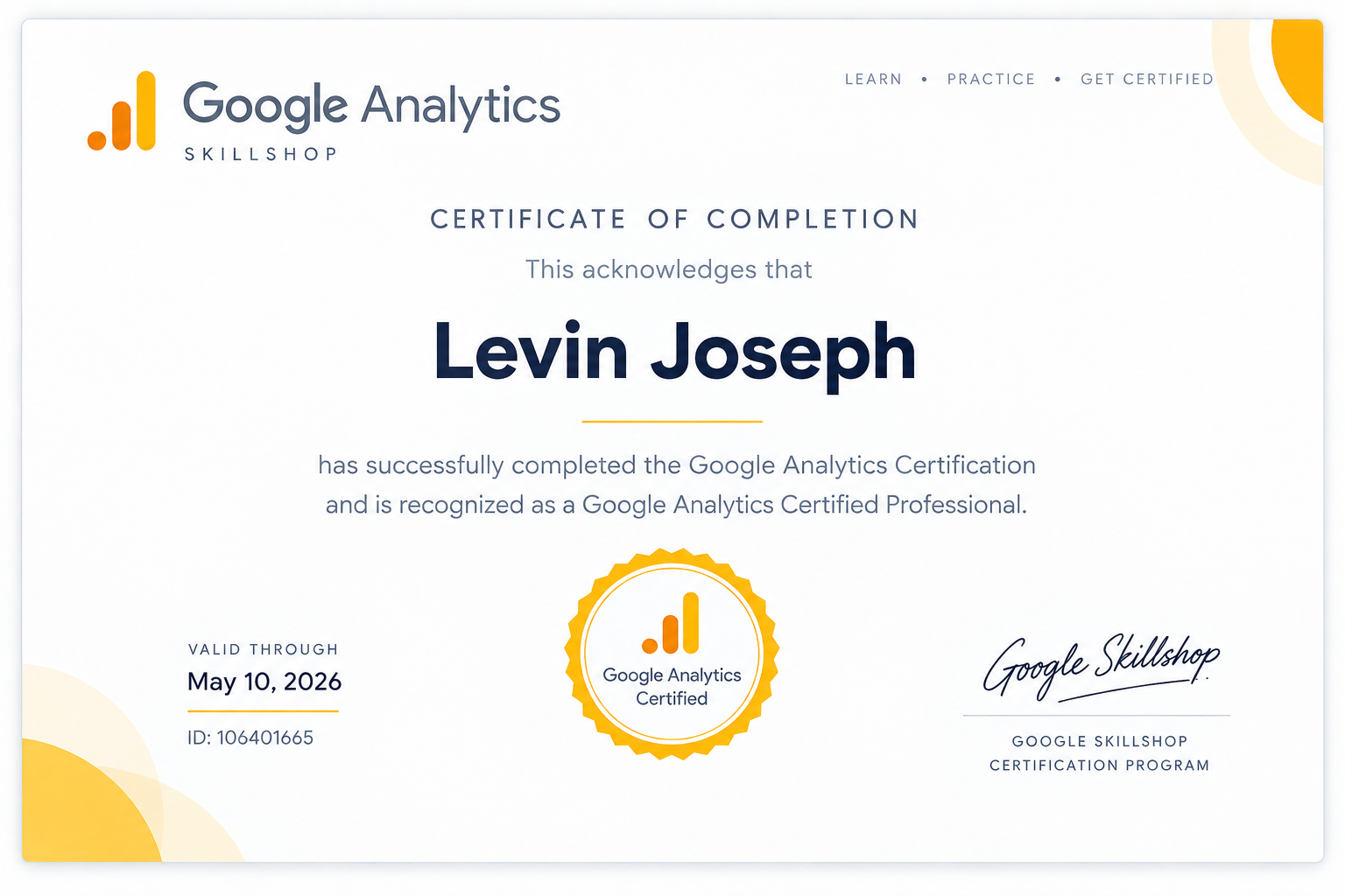 Google Analytics Certification Certificate
